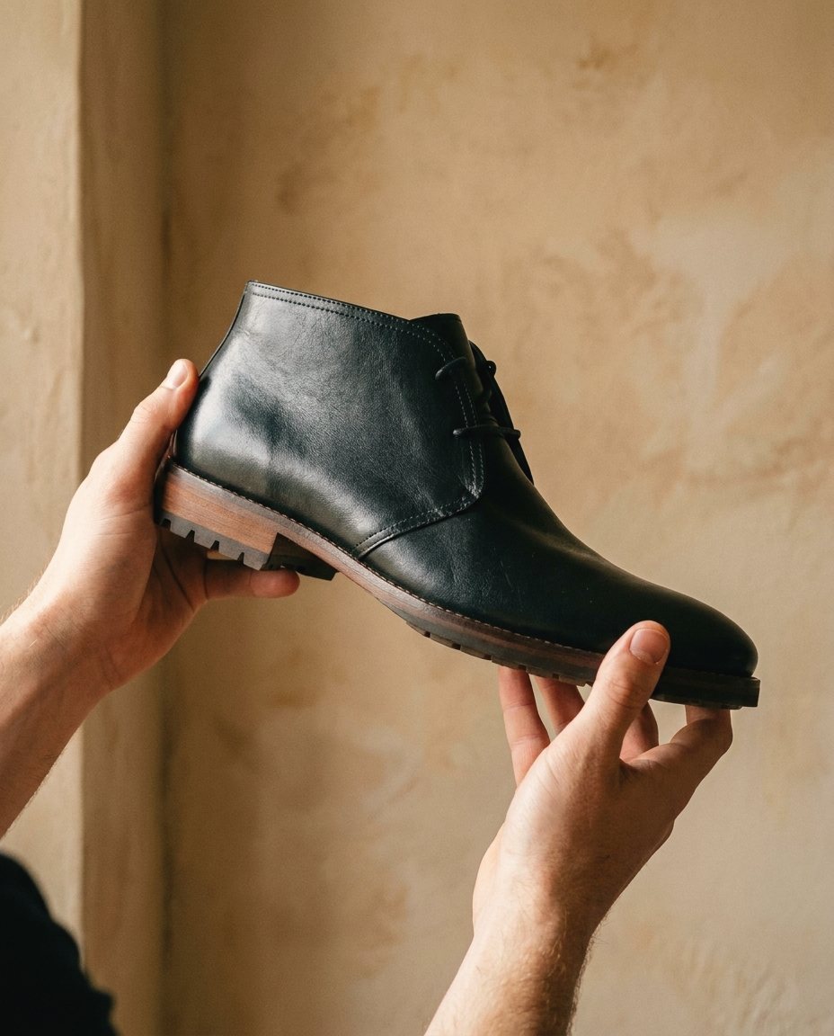 Holding a pair of chukka boots