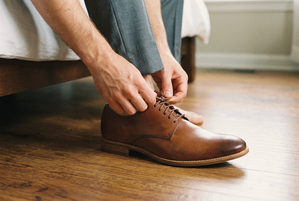 A man lacing the Damon in cognac