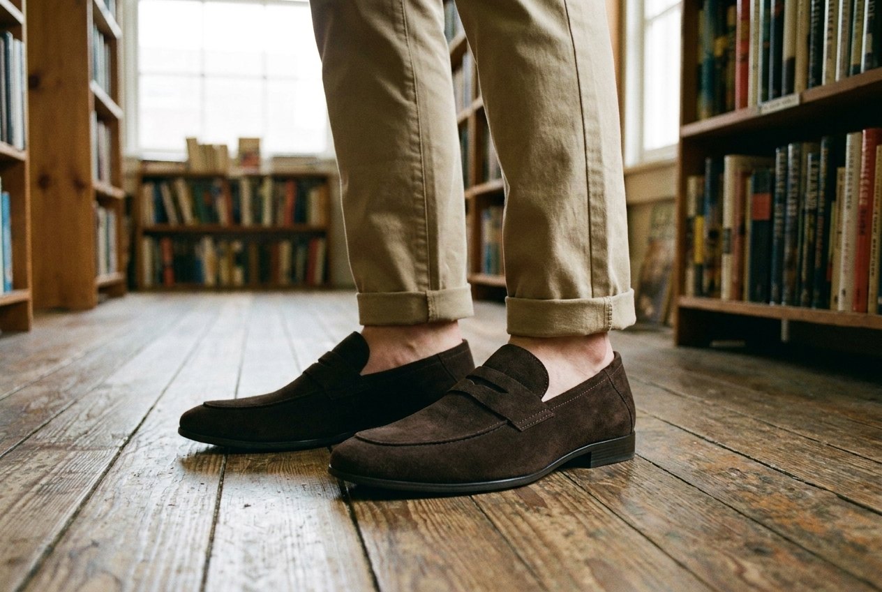 The Sawyer in brown suede, worn