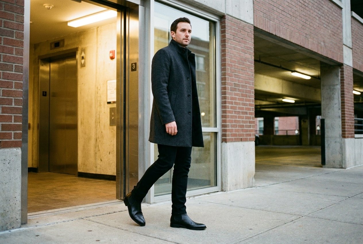 The Stewart in black, black sole, worn
