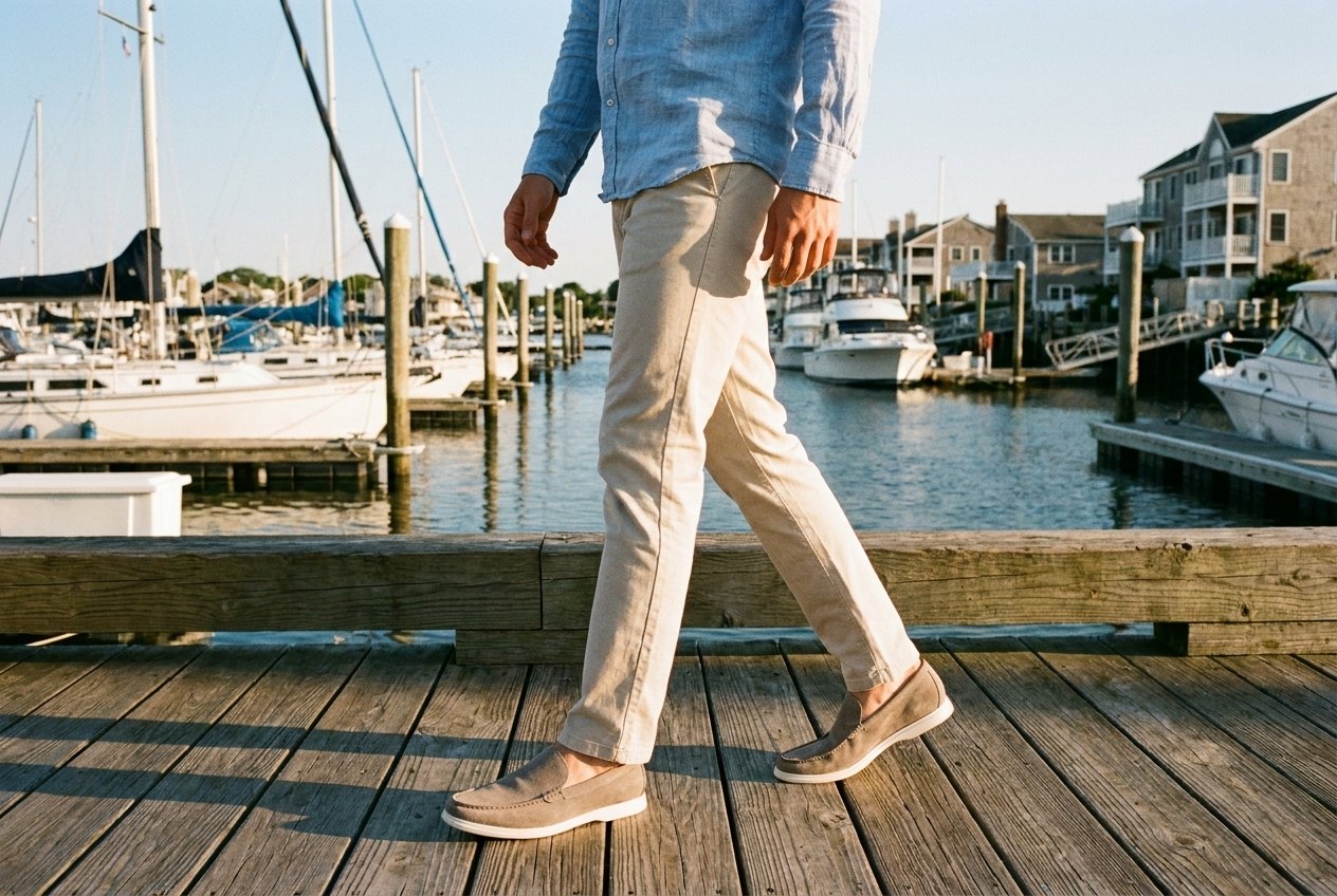 The Venice in taupe suede, worn