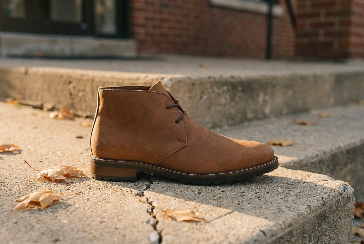 The Dixon chukka in tan on a concrete step