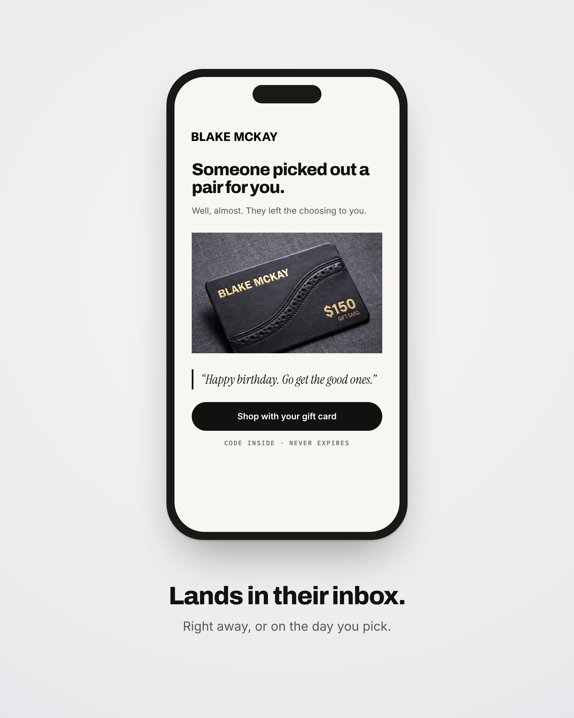 The digital gift card email on a phone