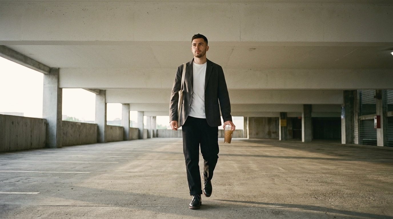 A man in a dark jacket walking across a parking garage at seven in the morning, wearing the Dixon chukka boot