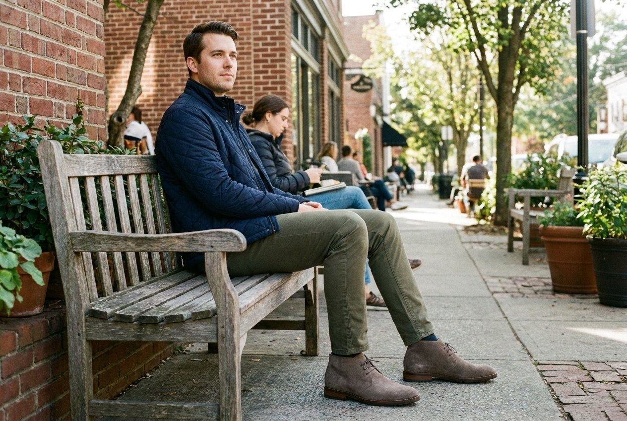 The Dixon in taupe suede, worn