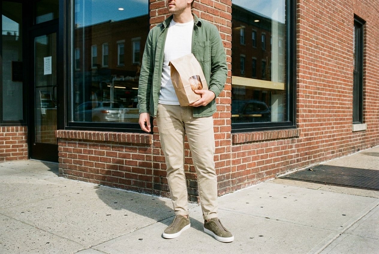 The Jaxon in taupe suede, worn