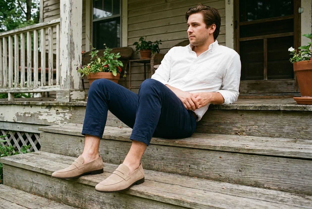 The Sawyer in sand suede, worn