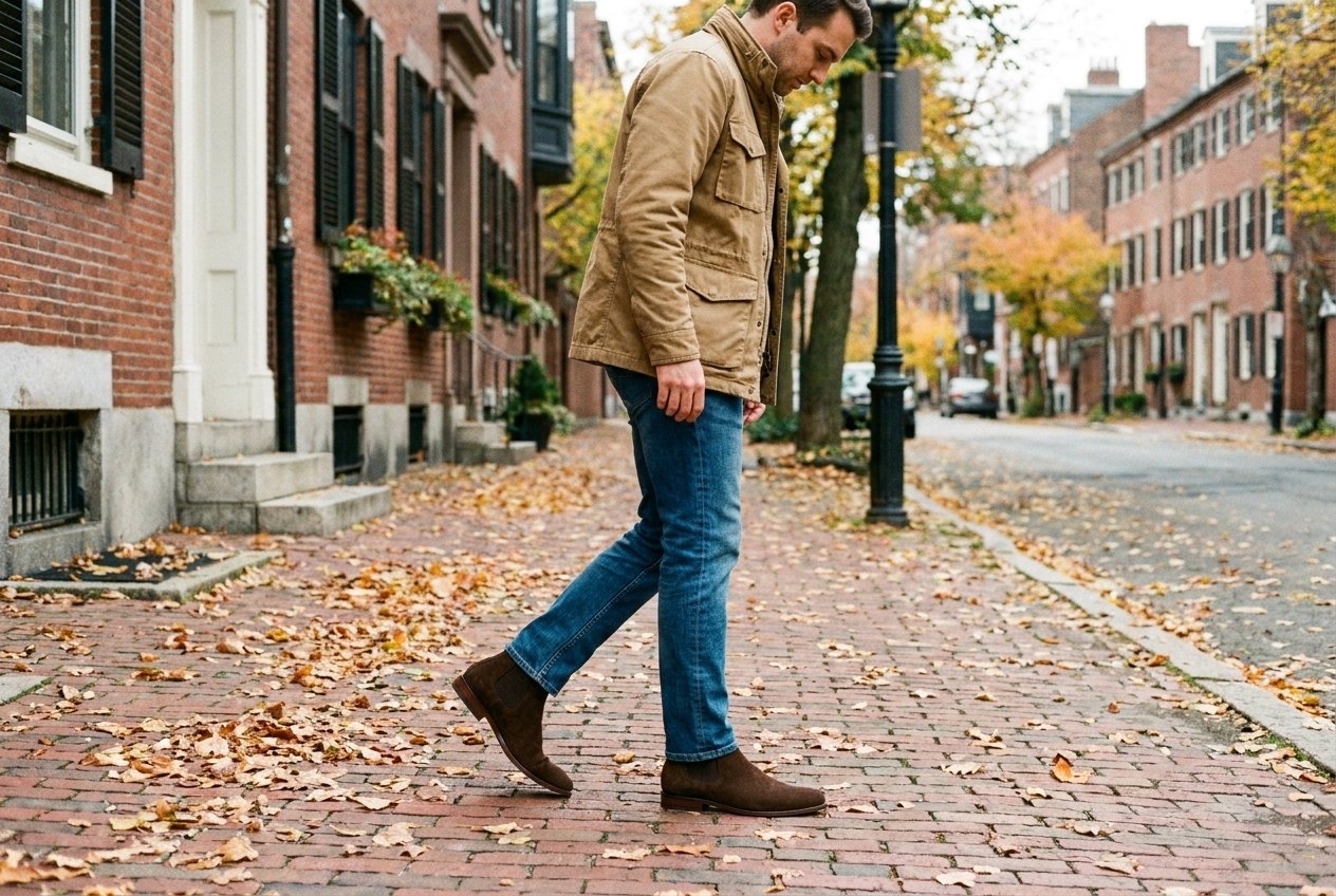 The Stewart in brown suede, worn