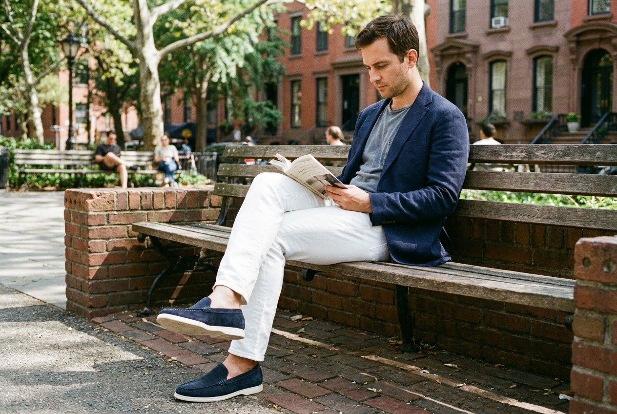 The Venice in navy suede, worn